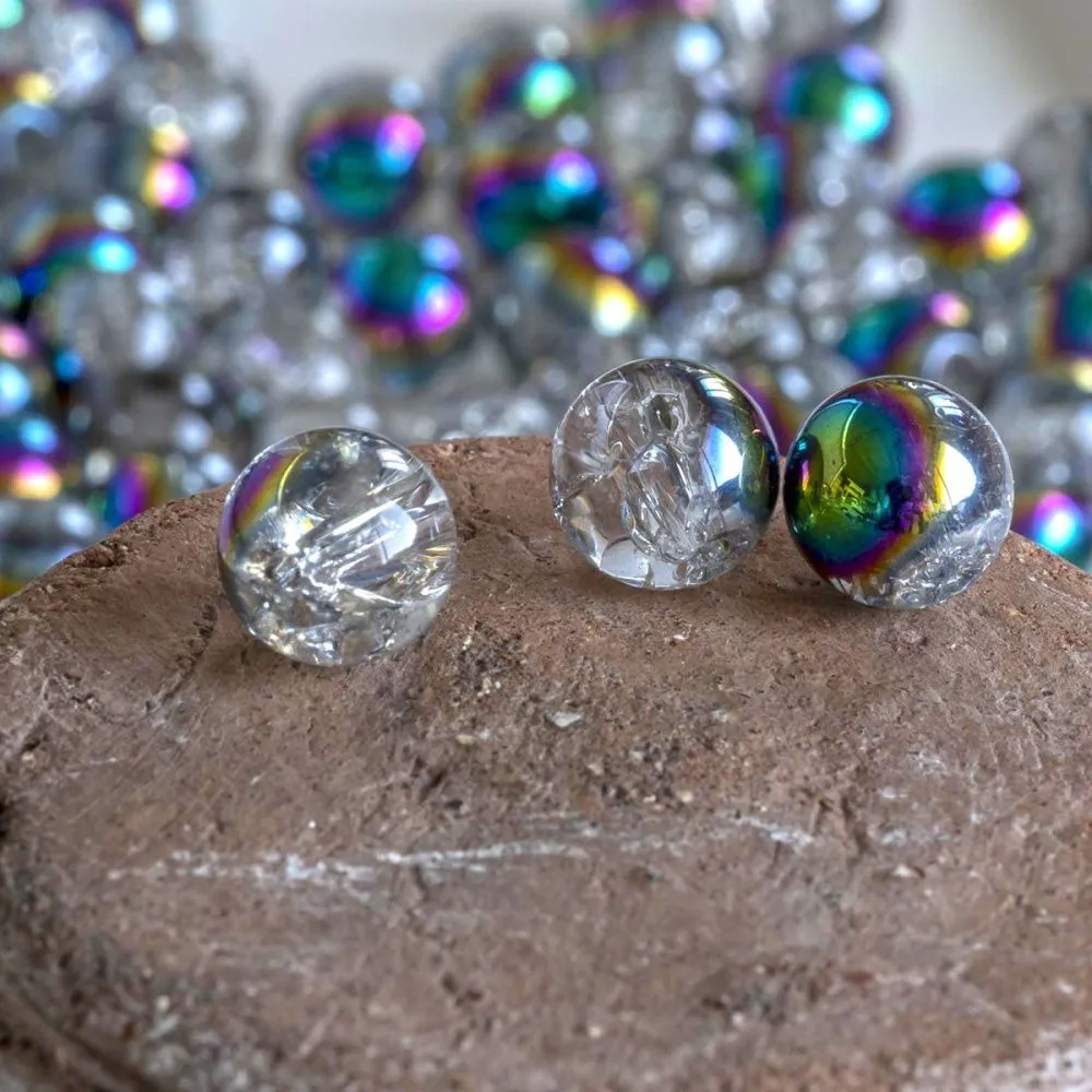 бусина, стекло "кракле", цвет прозрачный/бензиновый, 8 мм