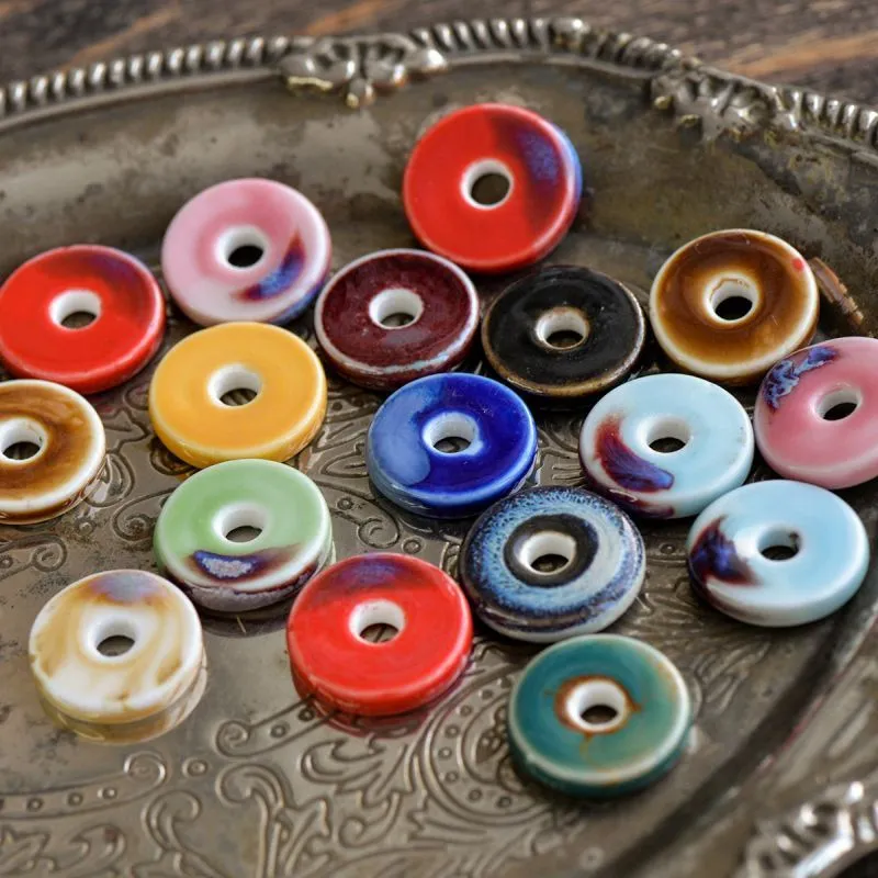 бусина, керамика "донат-антик", цветовой микс, 21-22x6 мм