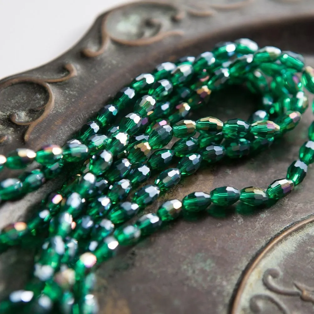 бусина, стекло овальная, граненая, цвет изумрудный ав, 8х6 мм
