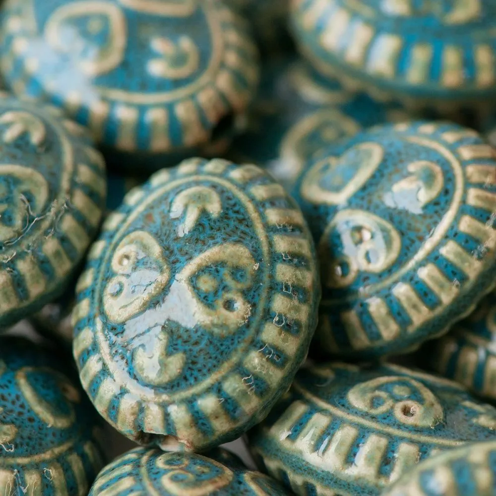 бусина, керамика "антик", овальная, цвет голубой, 20х23х13 мм