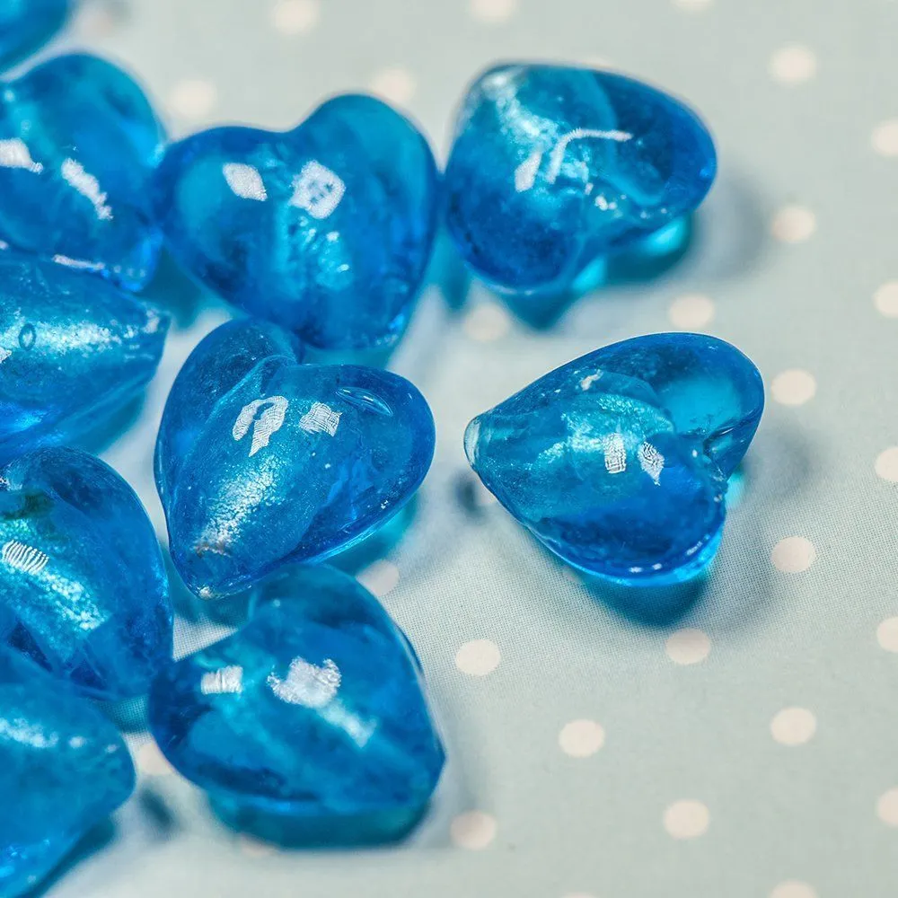 бусина, стекло с фольгой, "сердечко", цвет яркий голубой, 12х12х8 мм