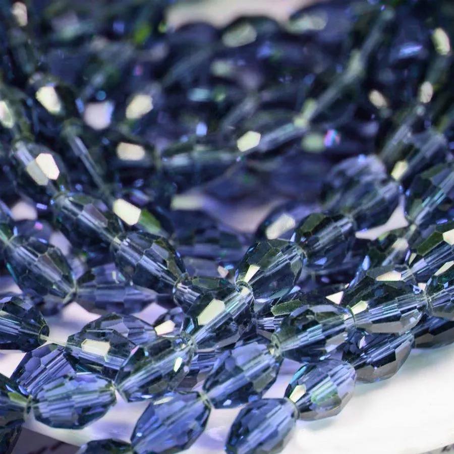 бусина, стекло "боб", овальная, граненая, цвет королевский синий, 10х13 мм