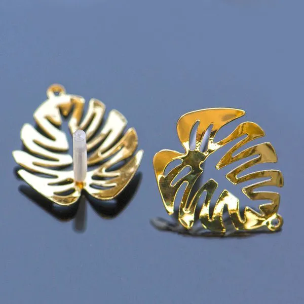 пуссеты "монстера", цвет золото, 28x24 мм