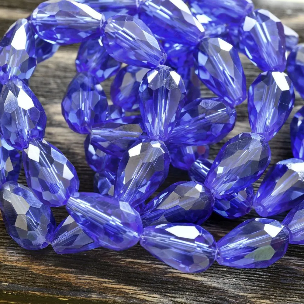 бусина "капля", граненая, стекло, цвет синий индиго радужный, 15х10 мм