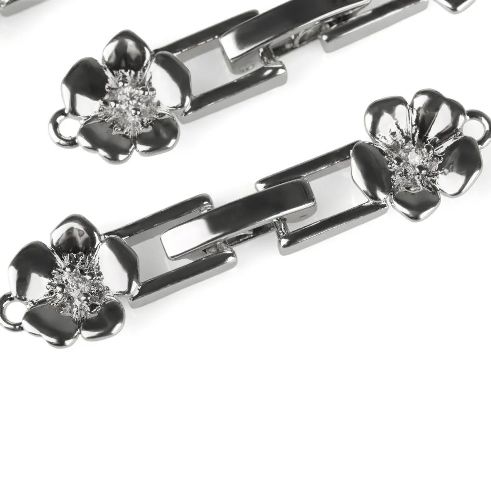 замок для украшений "плюмерия", покрытие платина/циркон, 32.5x8x3 мм