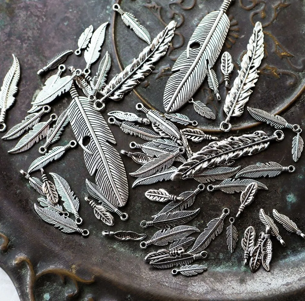 микс металлический из подвесок "перья", цвет античное серебро, размерный микс (уп 20 г)