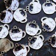 Подвеска металлическая "Кофе-Кэт", эмаль, цвет белый/черный, 20x19x1 мм