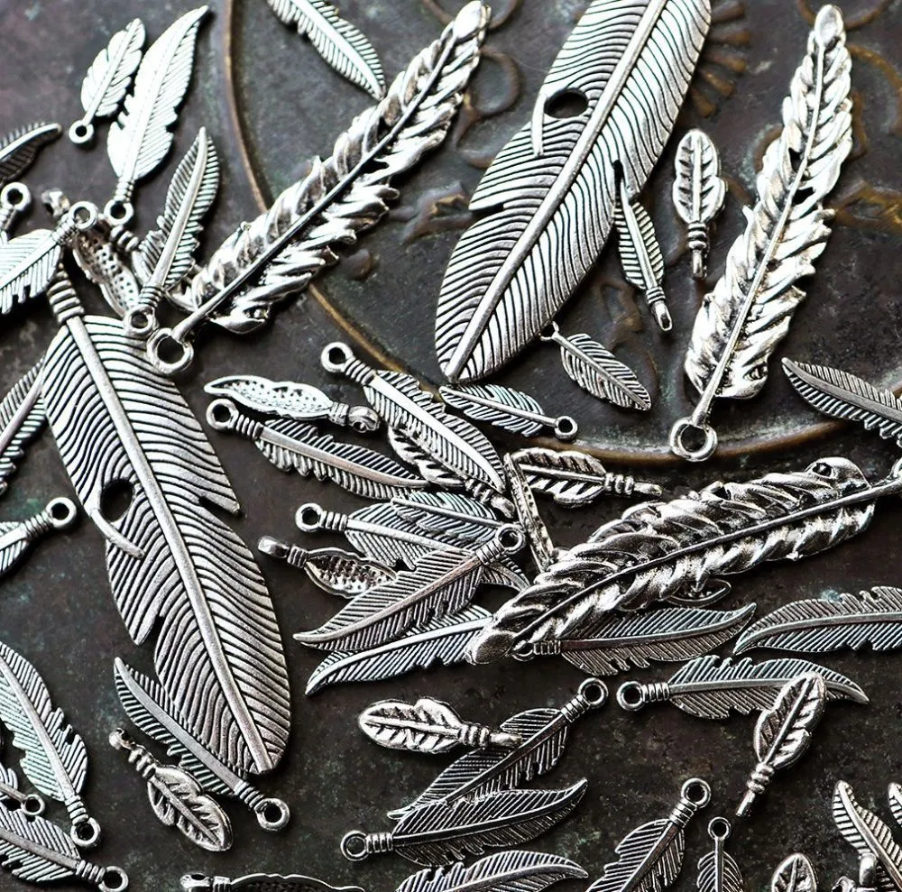 микс металлический из подвесок "перья", цвет античное серебро, размерный микс (уп 20 г)