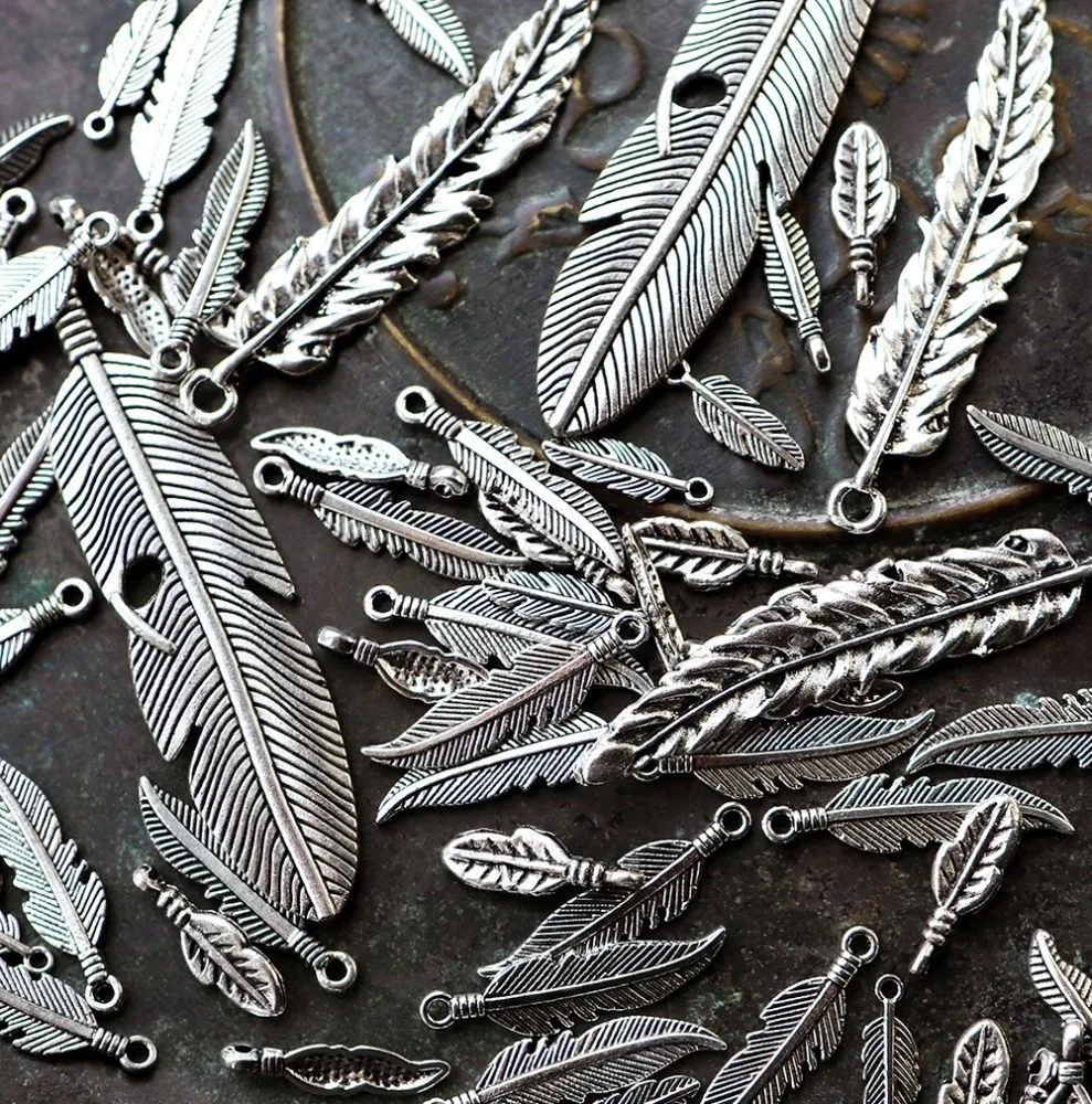 микс металлический из подвесок "перья", цвет античное серебро, размерный микс (уп 20 г)