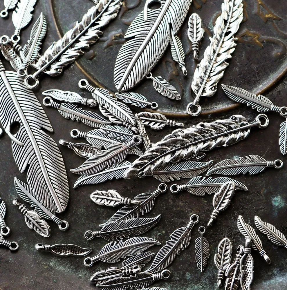 микс металлический из подвесок "перья", цвет античное серебро, размерный микс (уп 20 г)