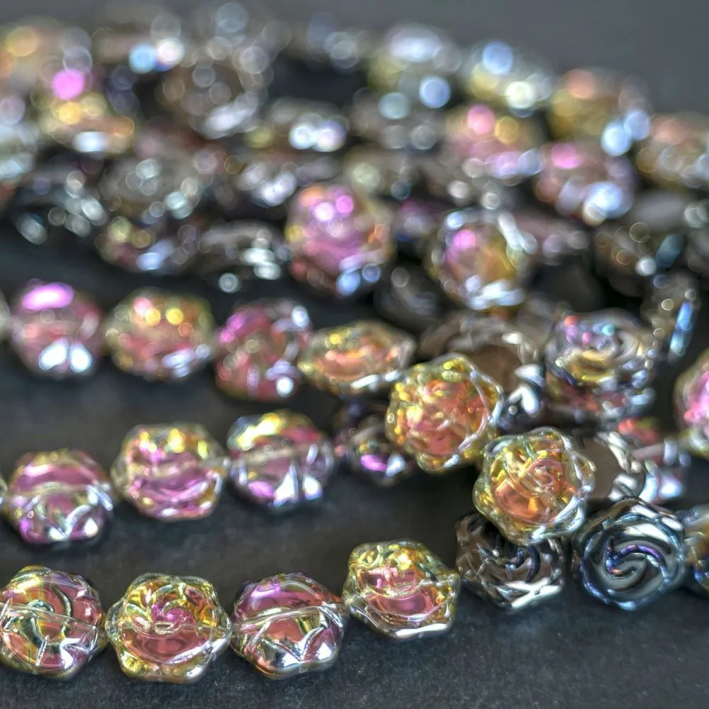 бусина "роза", стекло, цвет сиреневый радужный, 15.5x14.5x6 мм