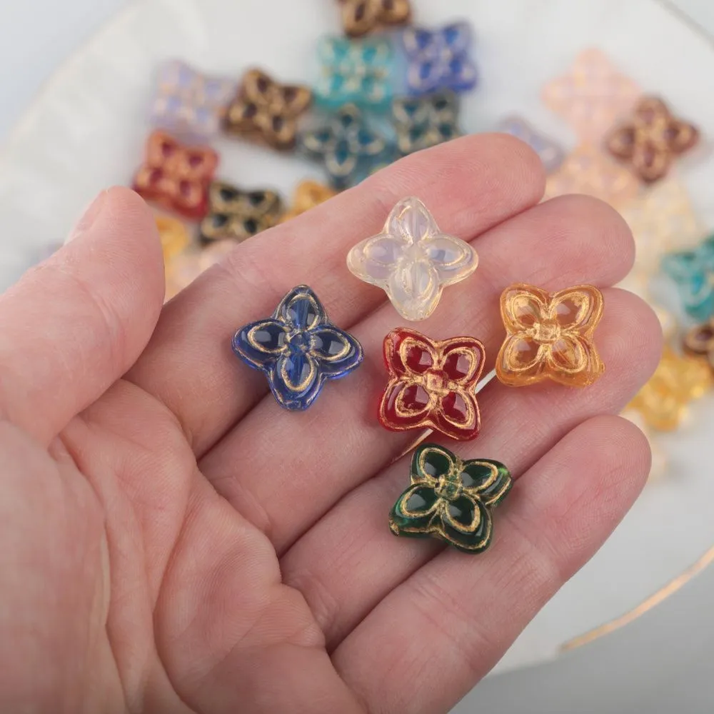 бусина "четырёхлистник-антик", стекло, цветовой микс, 17x17x6.5 мм