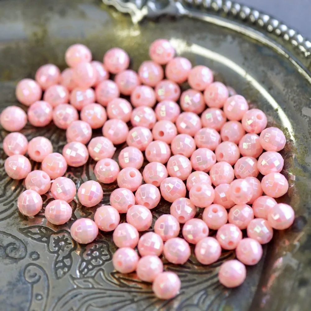 бусина, акрил 6, граненая, розовый перламутровый, 6 мм