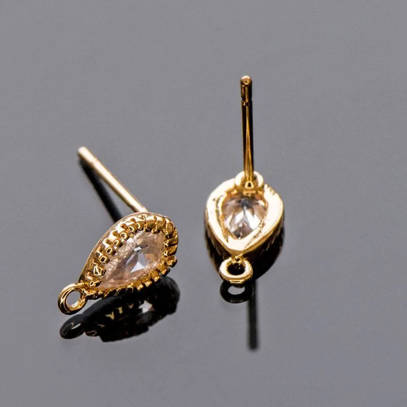 пуссеты "дроп", с цирконием, позолоченные, 9.5x5.5 мм 