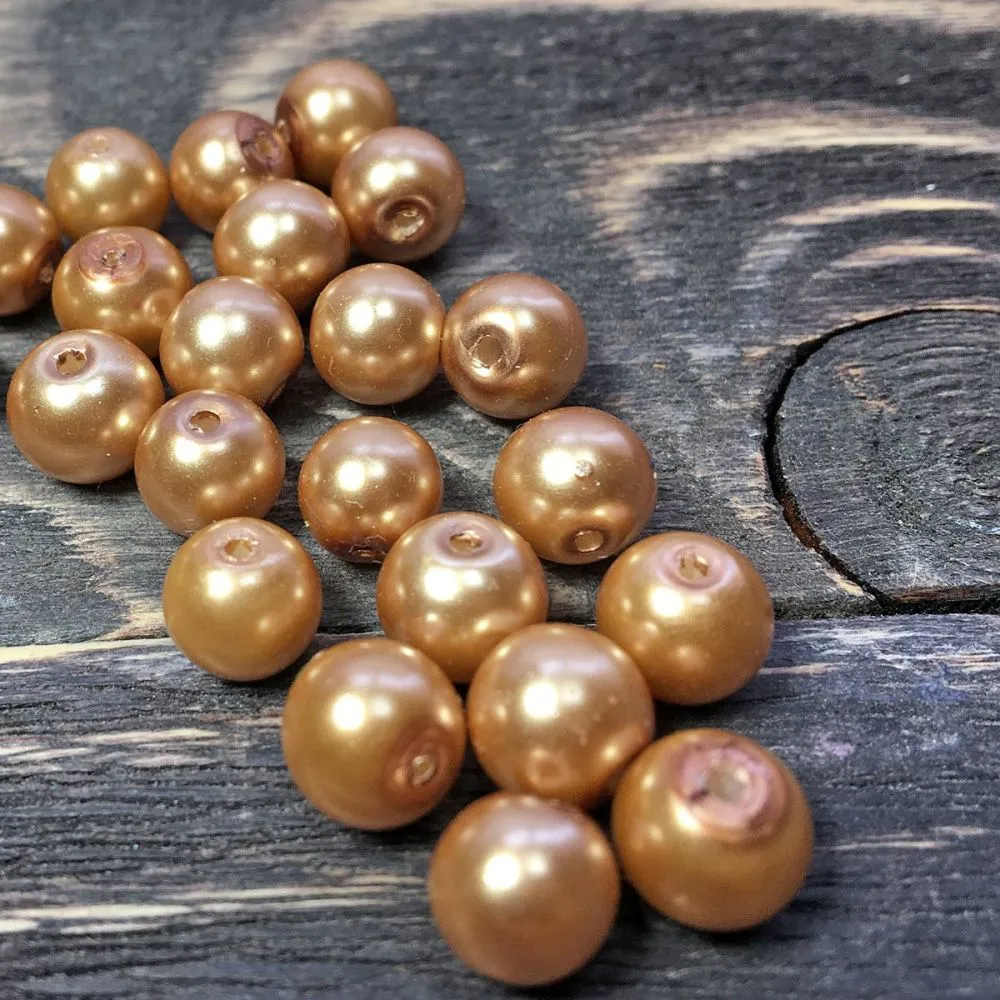бусина, имитация жемчуга, стекло 8, цвет светло-оранжевое золото, 8 мм (уп 20 шт)