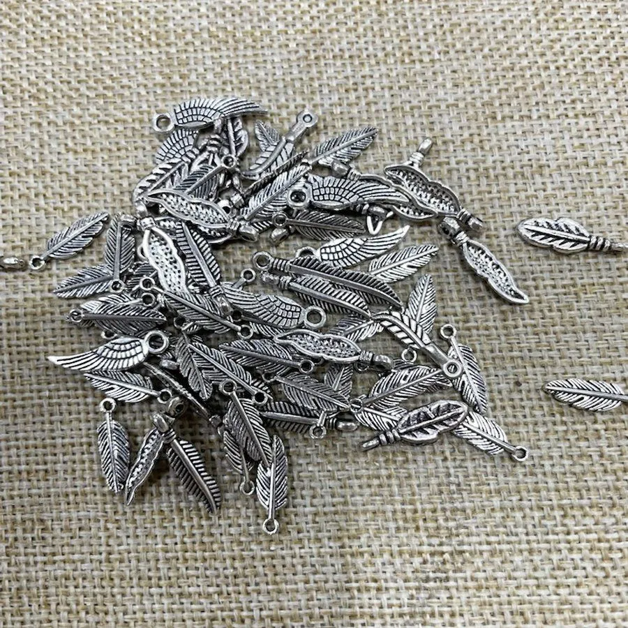 микс металлический из подвесок "перья", цвет античное серебро, размерный микс (уп 20 г)