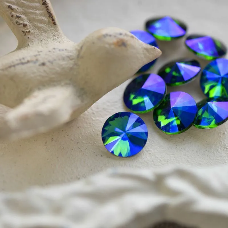 кабошон стекло риволи, цвет emerald ab, 12 мм