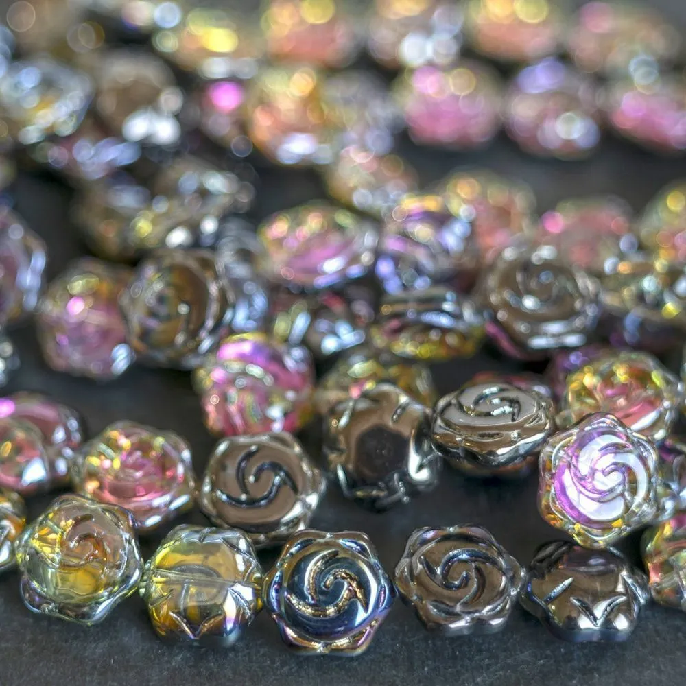 бусина "роза", стекло, цвет сиреневый радужный, 15.5x14.5x6 мм