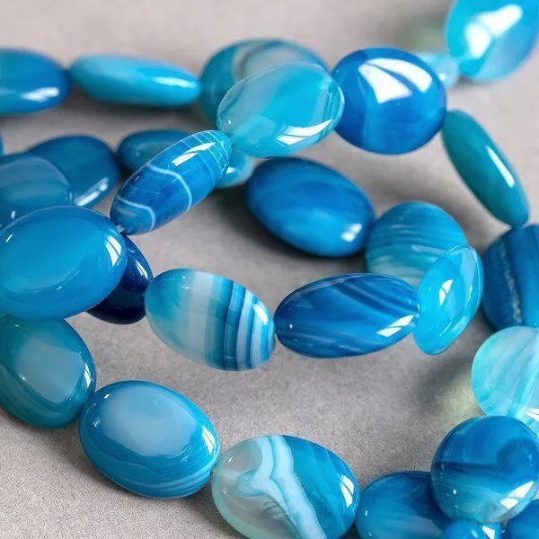 бусина агат, овальная плоская, цвет голубой, 16x12x5 мм